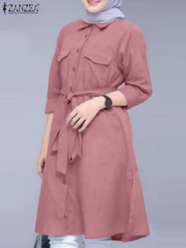 2023 ZANZEA Турция Рабочие Топы Мусульманская Модная Блузка Женская Однотонная Рубашка с Длинным Рукавом Eid Mubarek Abaya Дубай Кафтан Исламская Одежда