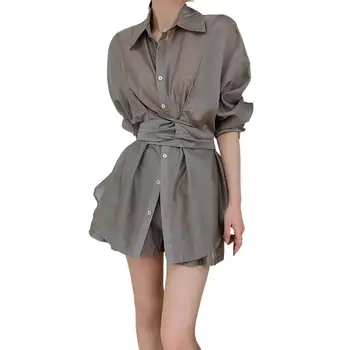 2023 Женская одежда, Рубашка с обрезкой талии, Широкие шорты, Комплект из двух предметов, Модный костюм 0811