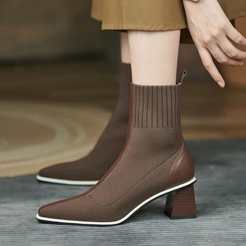 6,5 см, новинка 2022 года, женские вязаные ботинки на высоком каблуке, осень-зима, модные женские ботильоны из эластичной ткани с острым носком