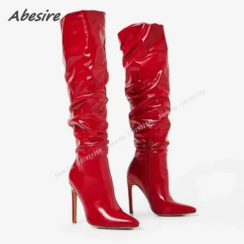 Abesire/ Красные Плиссированные сапоги на молнии сбоку, Сапоги выше колена из лакированной кожи, Женская обувь на тонком каблуке, Zapatillas Mujer