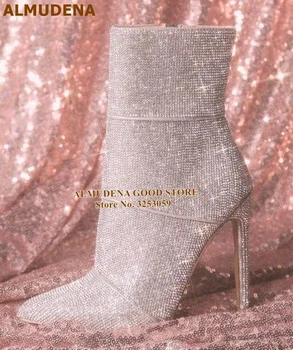 ALMUDENA/Фантастические Ботильоны со сверкающими Серебряными кристаллами, с острым носком, на молнии, с блестящими модельными Ботинками, Блестящие Свадебные туфли на высоком каблуке