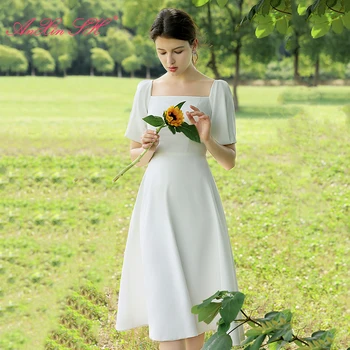 AnXin SH Французское ретро белое атласное платье с коротким рукавом в виде сердца на молнии для вечеринки, простое старинное свадебное платье для невесты, маленькое белое платье
