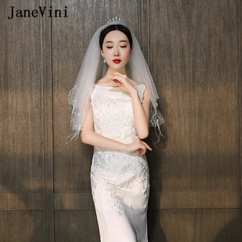 JaneVini, Модные белые Короткие свадебные вуали с гребнем, 2 слоя, фата из перьев длиной до локтя, тюлевые аксессуары для новобрачных