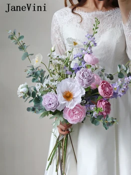 JaneVini, Романтические Фиолетовые свадебные букеты, Цветы для новобрачных, Искусственные Шелковые розы, Поддельный букет, Свадебная Брошь, Аксессуары