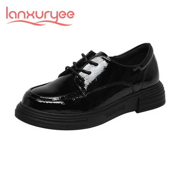 Lanxuryee, лакированная кожа, круглый носок, средний каблук, платформа, британский стиль, юная леди, повседневная одежда, базовые женские туфли-лодочки для отдыха на шнуровке, L35