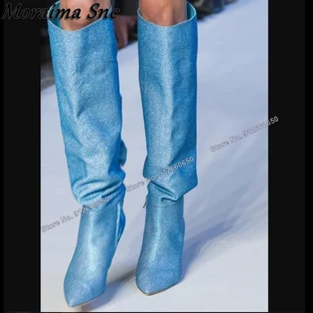 Moraima Snc/ Синие Тканевые сапоги с блестками для женщин, Сапоги до колена, Туфли на шпильке с острым носком, Взлетно-посадочная полоса на высоком Каблуке