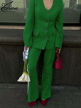 Oymimi, модные зеленые комплекты из 2 предметов, Женская одежда, Элегантные рубашки на пуговицах с длинными рукавами и карманами, Тонкие простые прямые брюки, комплекты