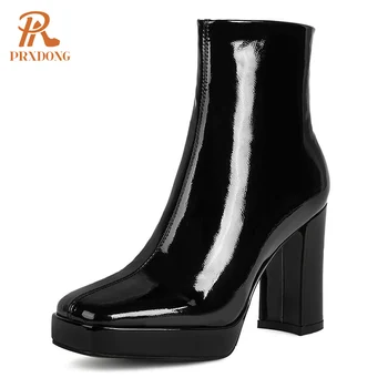 PRXDONG 2023, Новые модные женские ботильоны из лакированной кожи, осень-зима, теплая обувь на платформе на высоком массивном каблуке, черный, белый 40