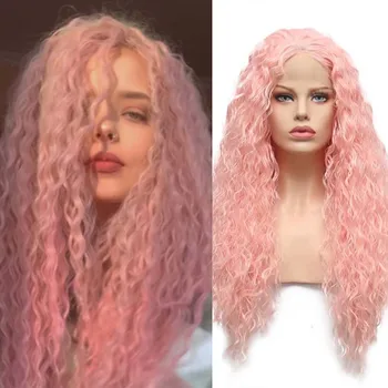 RONGDUOYI Розовый Цвет Свободные волнистые синтетические парики с длинными локонами в средней части, парик из натурального кружева спереди, косплей, повседневное женское использование волос