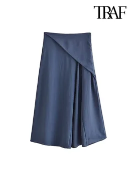 TRAF, Женская мода С Расклешенной струящейся юбкой миди, Винтажные женские юбки с высокой талией и боковой молнией, Mujer