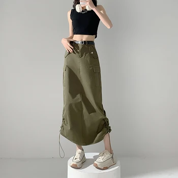 Американские винтажные юбки-карго, Женские Летние Юбки с высокой талией, Свободная Длинная юбка с разрезом на шнурке с прямой спинкой и поясом