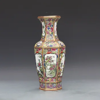 Антикварная эмалированная ваза Фарфоровая шестиугольная ваза Коллекция старинного фарфора, изготовленная в династии Цяньлун