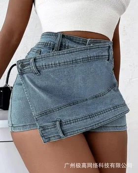 Асимметричные джинсовые шорты с запахом, женские модные повседневные весенне-летние мини-сексуальные джинсовые шорты-футляр