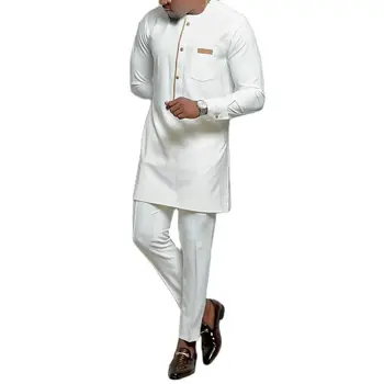 Белый Мужской комплект из 2 предметов, топ и брюки с длинным рукавом и карманом на пуговицах, свадебная одежда в этническом стиле