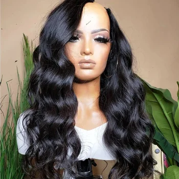 Бесклеевой 24-дюймовый Длинный черный U-образный парик с объемной волной, Бразильские парики из человеческих волос для женщин с волосами младенца, мягкий U-образный парик, мягкий