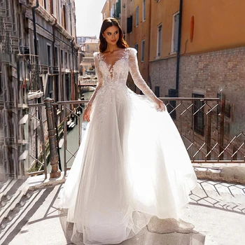 Великолепное Свадебное платье Mordern с V-образным вырезом 2023, Длинные Рукава, Кружевные аппликации с 3D Цветами, Свадебные платья vestidos de novia