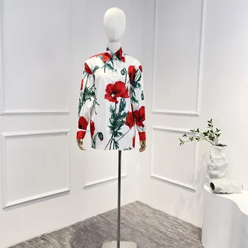 Весна Лето 2023 Высококачественная коллекция Тюльпанов С Принтом, Блузка в Повседневном стиле с Длинным рукавом