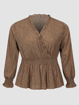 Женская блузка Finjani размера плюс, светло-коричневые блузки в горошек, модные женские футболки с V-образным вырезом, топ