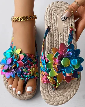 Женская модная повседневная обувь на плоской подошве Для отдыха, Пляжные вьетнамки с голографическим плетеным цветочным рисунком