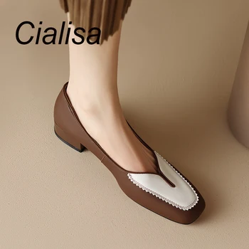 Женская обувь Cialisa с квадратным носком, Весна 2023, Новый стиль, Смешанный цвет, Натуральная кожа ручной работы, Повседневная женская обувь на плоской подошве