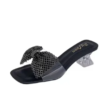 Женская обувь для Уличной девушки с бантом 2023, Хрустальные тапочки, Сексуальное Прозрачное Платье, Летние туфли на каблуке в стиле груши, Элегантные вечерние сандалии