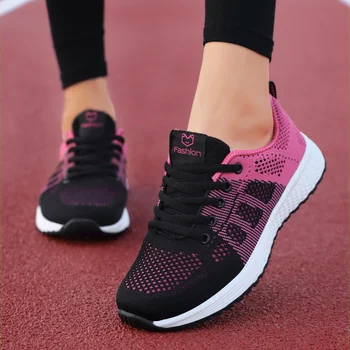 Женская повседневная обувь, дышащие рабочие сетчатые кружевные туфли на плоской подошве, женская спортивная обувь, женские теннисные туфли, женские розово-черные