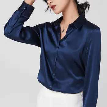 Женская шелковая рубашка из атласа с длинными рукавами Женская блузка из 100% натурального шелка Новая блузка из шелка тутового цвета Свободная и универсальная базовая рубашка Женская