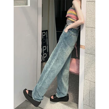 Женские джинсы с прямыми штанинами GBR4495, выстиранные, осенняя корейская версия 2023, новые ретро-узкие и модные широкие брюки mop