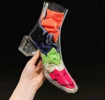 Женские прозрачные ботинки Koovan /коллекция 2021 года, весна-осень, новые женские туфли на высоком квадратном толстом каблуке ярких цветов