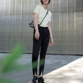 Женские черные эластичные узкие брюки с высокой талией, джинсовые узкие брюки-карандаш с разрезом