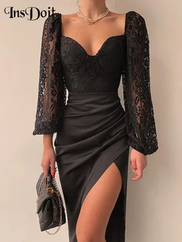 Женское кружевное прозрачное платье с длинным рукавом и высокой талией InsDoit, сексуальное черное платье с разрезом в готическом стиле, эстетичное платье с высокой талией, тонкое вечернее длинное платье-корсет
