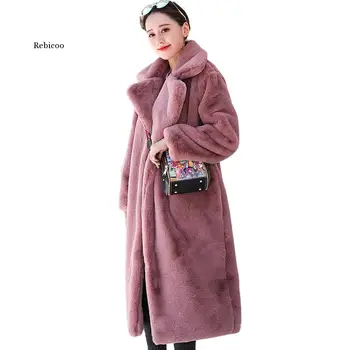 Зимняя женская высококачественная шуба из искусственного кроличьего меха, Роскошная длинная шуба, пальто со свободным отворотом, толстые теплые женские плюшевые пальто