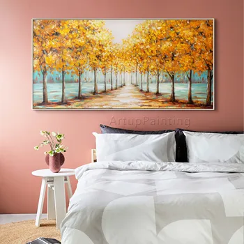 Картина маслом на холсте ручной работы, пейзаж, деревья, оранжево-коричневый зеленый синий, настенное искусство, украшение дома, картина для гостиной