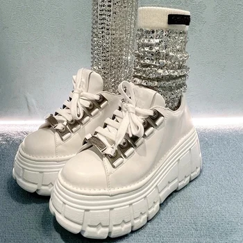 Кожаные женские туфли-лодочки с ультратолстой подошвой в стиле панк-металл Белой субкультуры Y2g, увеличивающие рост, в готическом стиле