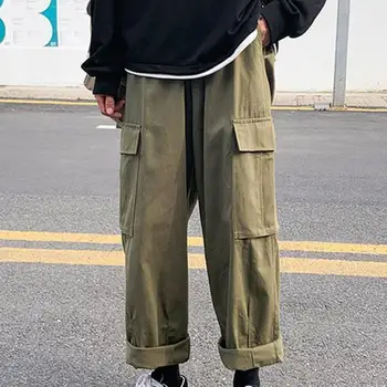 Корейские модные мужские брюки, свободные универсальные брюки с карманами, Брюки-карго цвета Хаки, Брюки-карго оверсайз