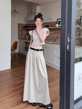 Корейский стиль, Однотонный Топ на бретелях с V-образным вырезом, Тонкая Макси Плиссированная Длинная юбка с высокой талией, Комплект из двух предметов для женщин, Новинка 2023 года, летние костюмы
