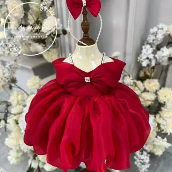 Красное Бальное платье с цветочным узором для девочек, свадебное платье с пышным жемчугом, Детские платья на День рождения, платья Принцессы для малышей, детские платья