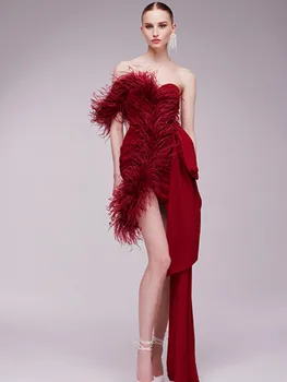 Летнее Женское Роскошное Сексуальное Мини-платье с красным пером на одно плечо, облегающее Платье 2023, Вечернее Элегантное Клубное платье для ужина