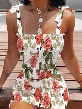 Летнее Сексуальное платье Boaydcon с открытыми плечами и бантом на шнуровке, Элегантное мини-платье без рукавов с цветочным принтом, Женское пляжное праздничное платье