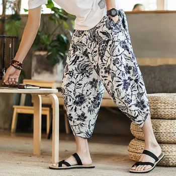Летние Свободные Повседневные брюки Harajuku Длиной до икр, мужские широкие хлопковые льняные Мешковатые брюки с принтом, мужские брюки Оверсайз