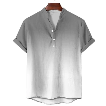 Модная мужская рубашка со стоячим воротником, Летний двухцветный топ с короткими рукавами, Удобная повседневная мужская футболка, одежда оверсайз