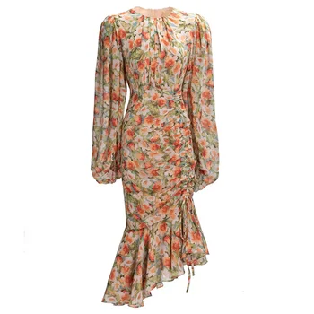 Модные дизайнерские весенне-осенние женские платья-русалки с рукавом-фонариком, драпированные, тонкие, винтажные, асимметричные