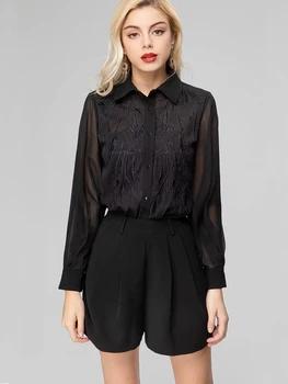 Модный Черный Женский комплект из двух предметов, рубашка с вышивкой и отложным воротником и бантом + шорты, костюм для уличной вечеринки