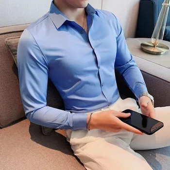 Мужские Рубашки с длинным рукавом Повседневные Приталенные мужские рубашки, однотонные Официальные деловые Костюмы, Блузка Большого размера