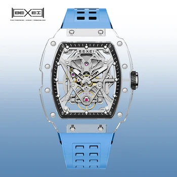 Мужские часы BEXEI 9130, Автоматические механические наручные часы, часы-скелет, Светящиеся водонепроницаемые, материал TR90, Прозрачный 2023