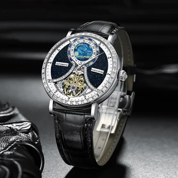 Мужские часы Tourbillon, мужские наручные часы с кожаным ремешком, водонепроницаемые светящиеся автоматические механические часы Relogios Masculino
