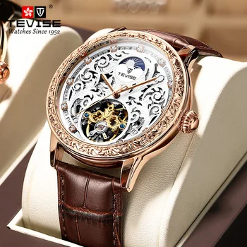 Мужские часы с гравировкой в стиле ретро Топ люксовый бренд Skeleton Tourbillon Автоматические механические часы для мужчин из розового золота Relogio Masculino