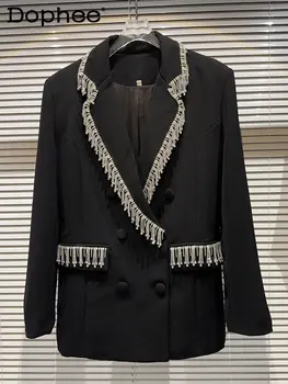 Новое поступление, женский костюм со стразами и кисточками, куртка с воротником, женский наплечник, Свободный черный блейзер, костюм, пальто, куртка 2023, Осенняя одежда