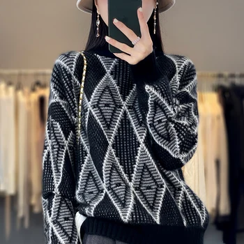 Осенне-зимний новый женский свитер из 100% чистой шерсти с полувысоким вырезом и ромбовидным рисунком, подходящий по цвету свитер свободного кроя