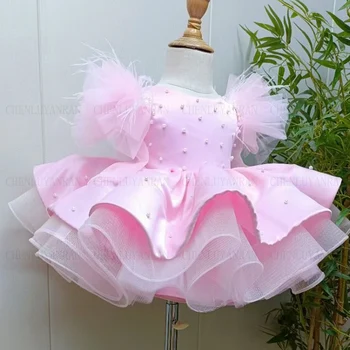 Розовое пышное платье с цветочным узором для девочек, настоящее изображение, Жемчуг, платье Принцессы для девочек, Свадебная вечеринка, платье длиной до колен, платье для Первого причастия